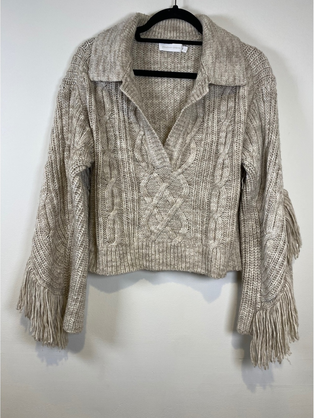 Jonathan Simkhai Beige Wool Cotton Cable Knit Fringe Sweater Medium